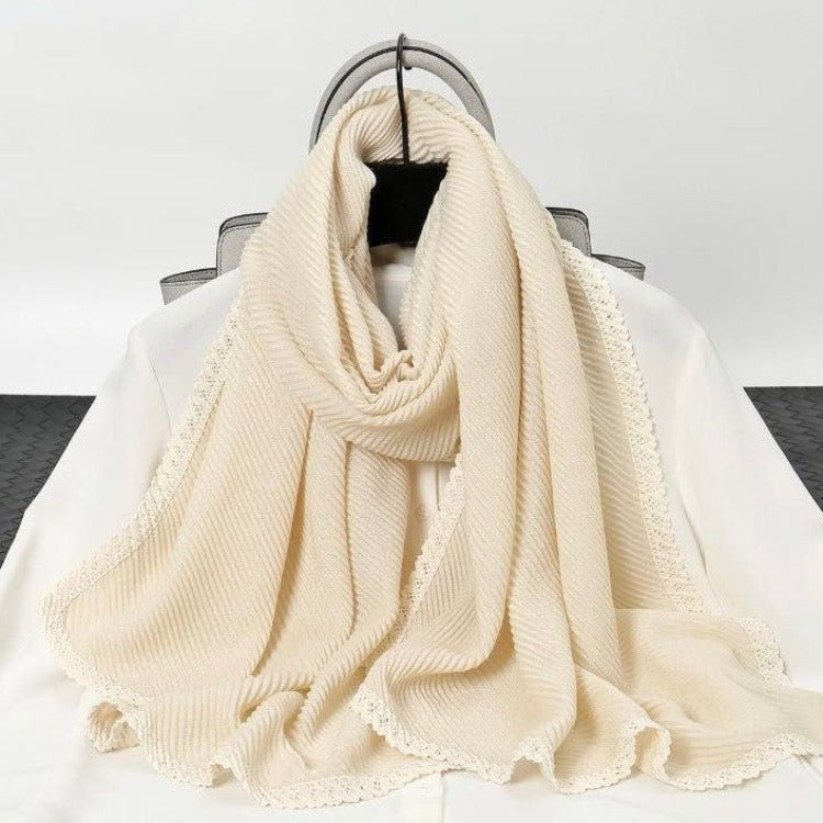 Beige Lace edge pleated long scarf