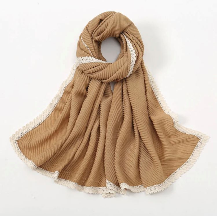 White Lace Edge Pleated Scarf