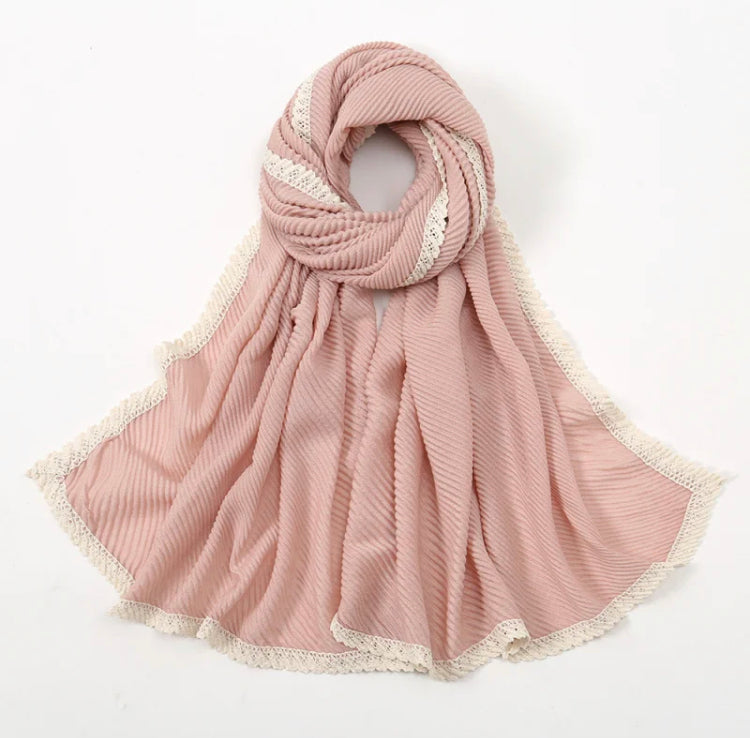 Pink Lace Edge Pleated Long Scarf