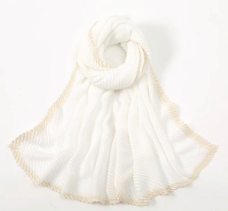 White Lace Edge Pleated Scarf