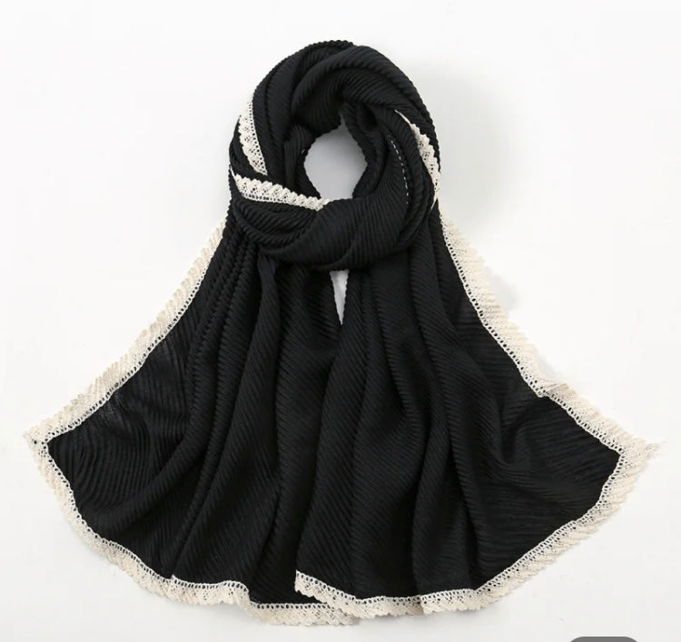 Black lace edge pleated scarf