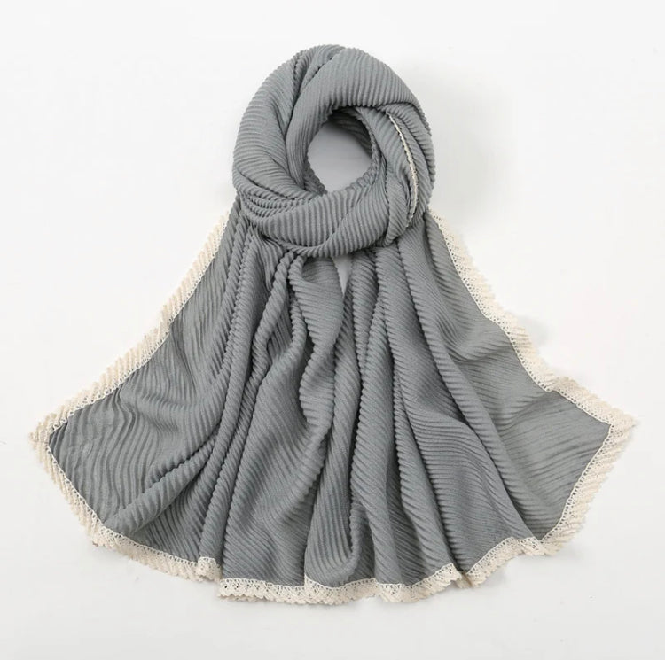 Gray Lace edge pleated long scarf