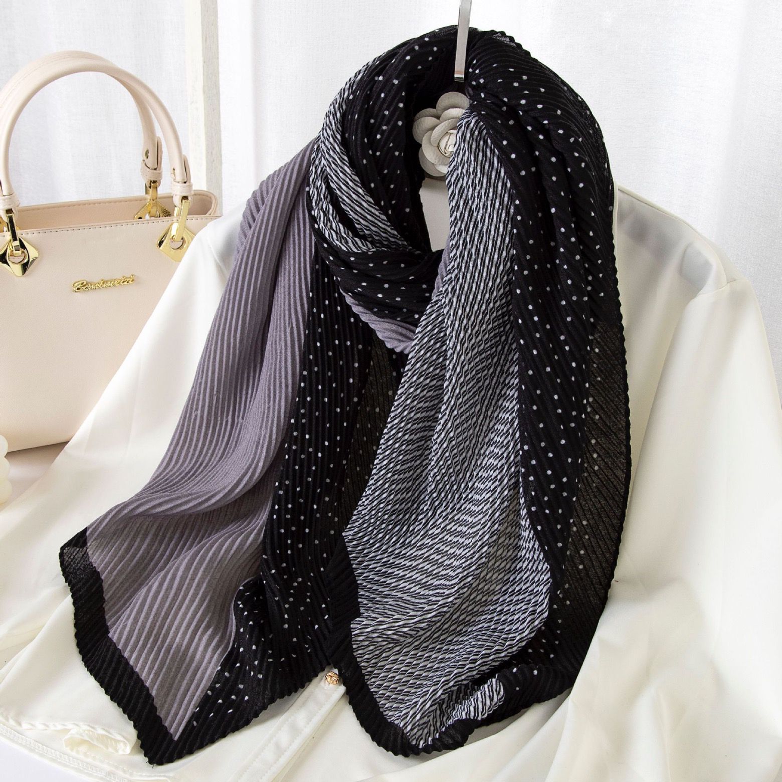 Black-Grey Duo-Tone Crinkle Long Scarf