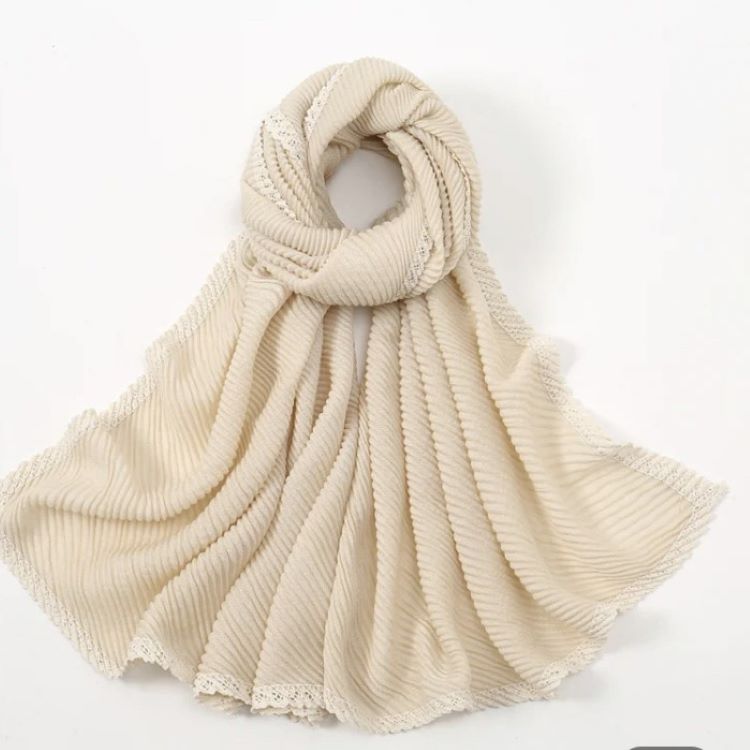 Beige Lace edge pleated long scarf