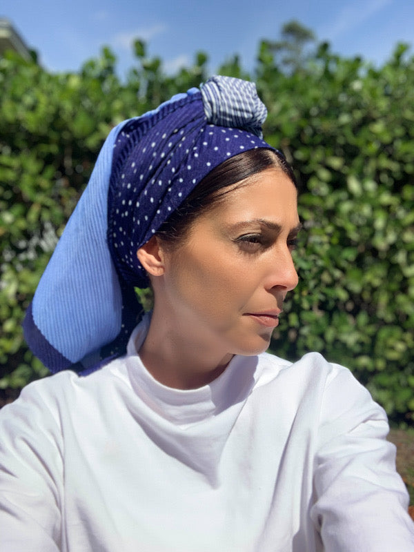 Blue Duo-Tone Crinkle Scarf Headwrap