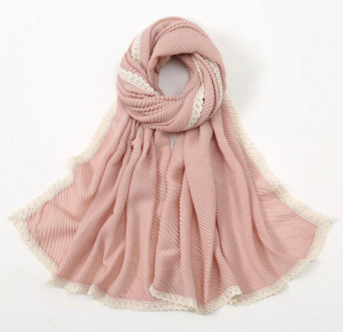 Dusty pink pleated long scarf with lace edge, close-up view
